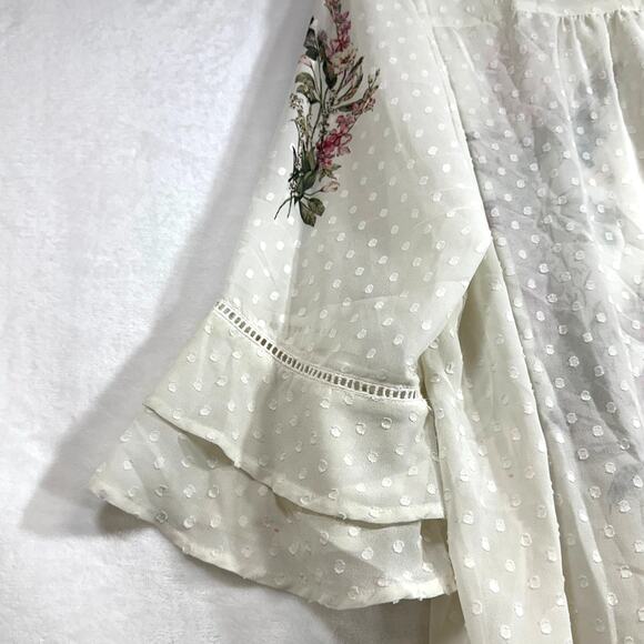 GIA Boho Top XXL White Oversized Sheer Floral Print Peasant Plus Flutter Tassel - Picture 8 of 16